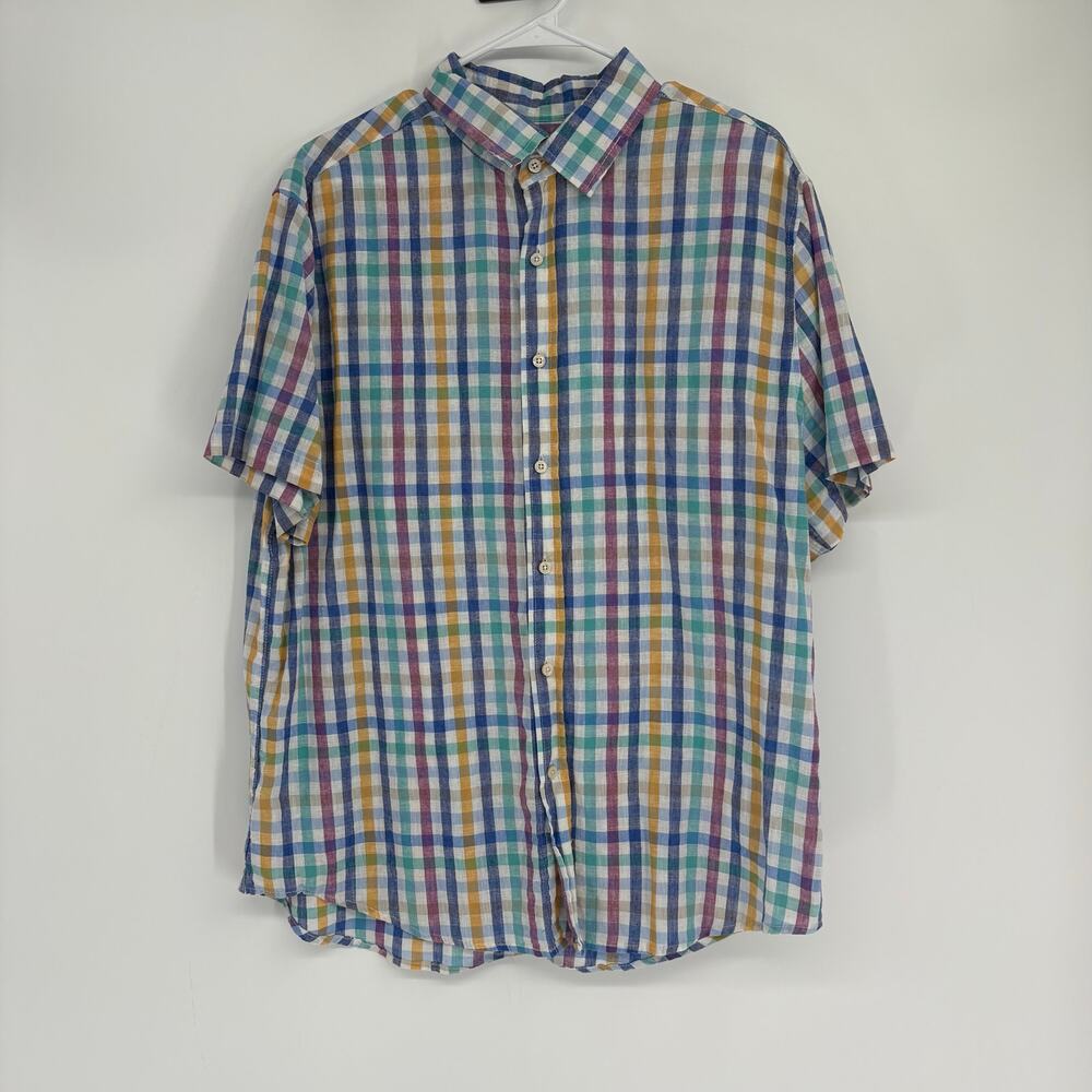 Crown & Ivy Men’s Linen & Cotton Blend Plaid Button‎ Down Short Sleeve Shirt L